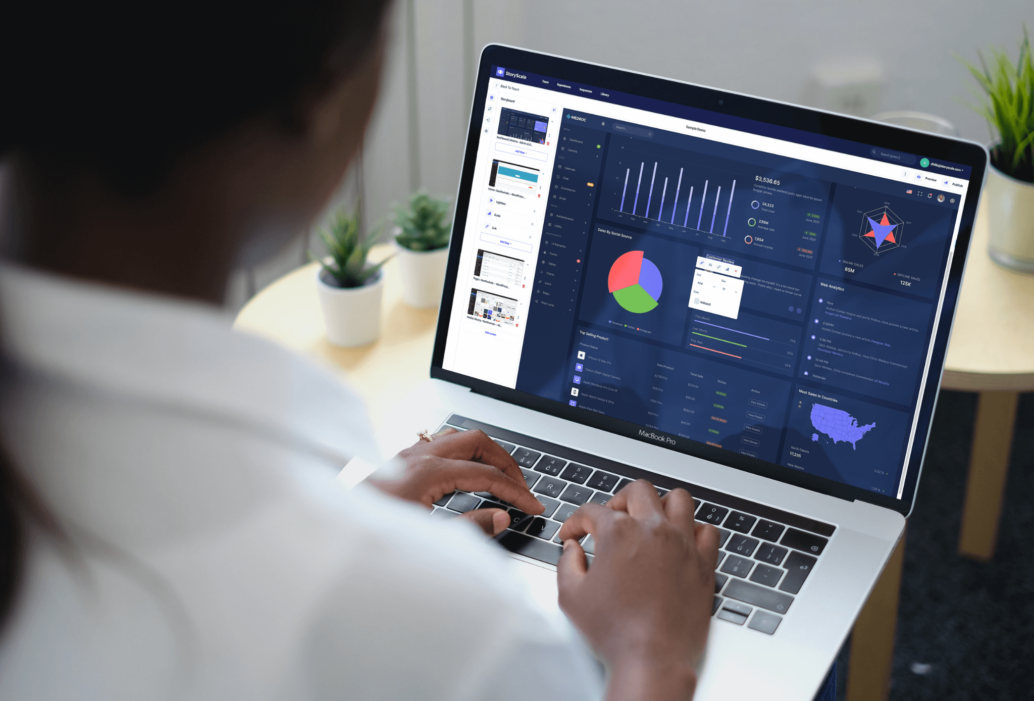 StoryScale demo Studio on a laptop with a woman creating a product tour